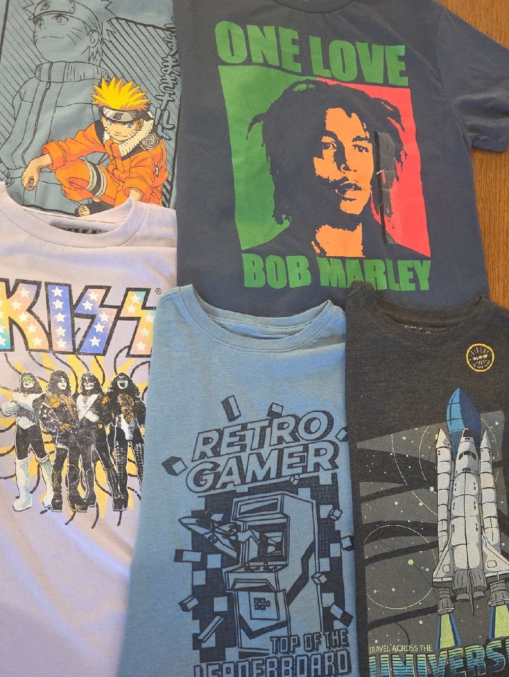 NWOT Boys T Shirt Lot Of 5 Short Sleeve Marley Rocket Kiss Naruto Gamer Size L